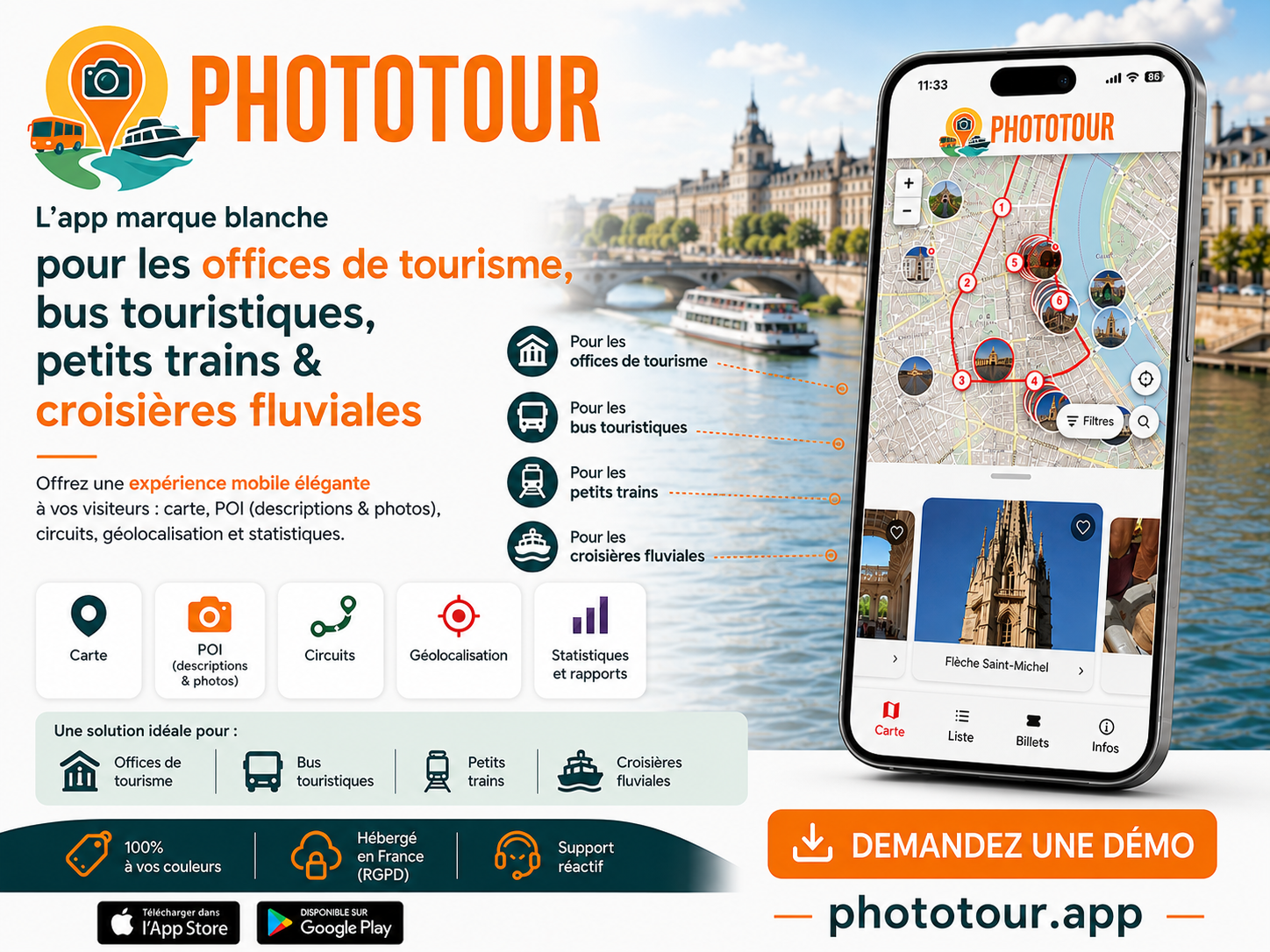PhotoTour, application mobile marque blanche pour offices de tourisme, bus touristiques, petits trains et croisières fluviales